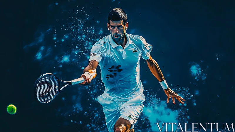 Mid-sprint forehand explodes through electric midnight court