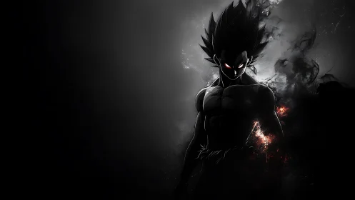 Dark anime warrior silhouette with burning aura power.