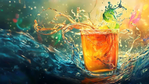 Glass of amber liquid with dynamic liquid splash against blue-green gradient