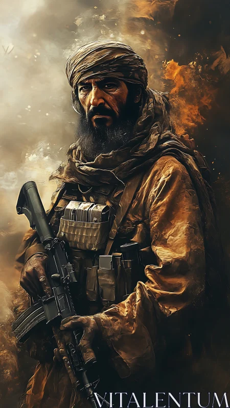 Desert warrior grips rifle amid burning stormscape.