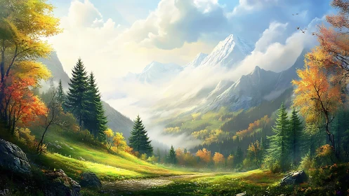 Sunlit alpine valley opens beneath misty snow peaks