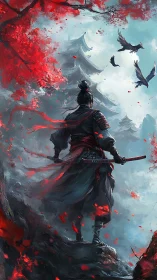 Samurai sentinel amid vermilion foliage and misted pagodas.