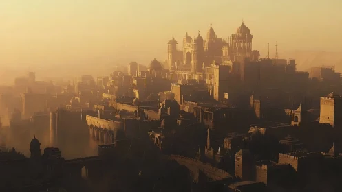 Sunlit citadel rising through golden desert haze at dawn.