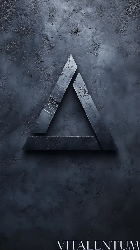 Dark stone triangle emblem rests on textured steel wall