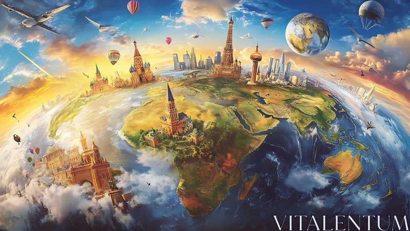 Global landmarks and transport over stylized curved Earth.