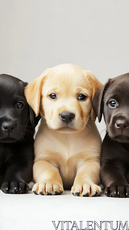 Three labrador retriever puppies sit in close frontal view