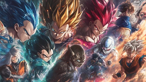 Dynamic anime warriors in elemental battle montage.