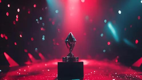 Modern geometric trophy on stage with dramatic lighting and bokeh.