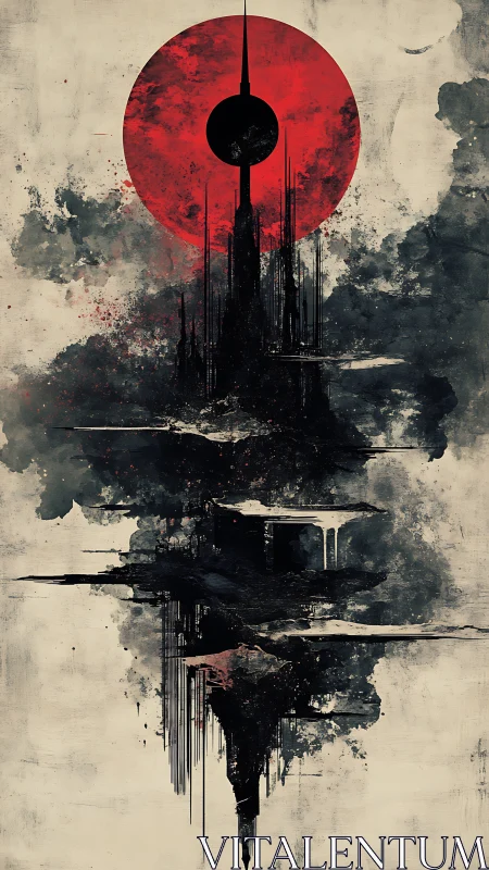 Abstract vertical city silhouette beneath large red sun.