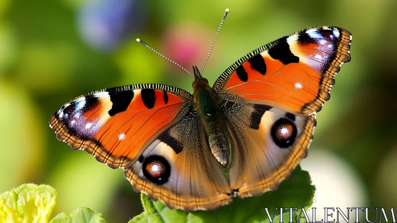 Macro optical study of an orange peacock butterfly on foliage.