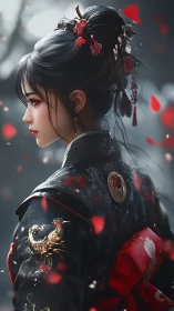 Blossom-adorned warrior maiden in drifting crimson petals.