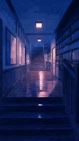 Dim interior corridor with staircase and bookshelves at night.
