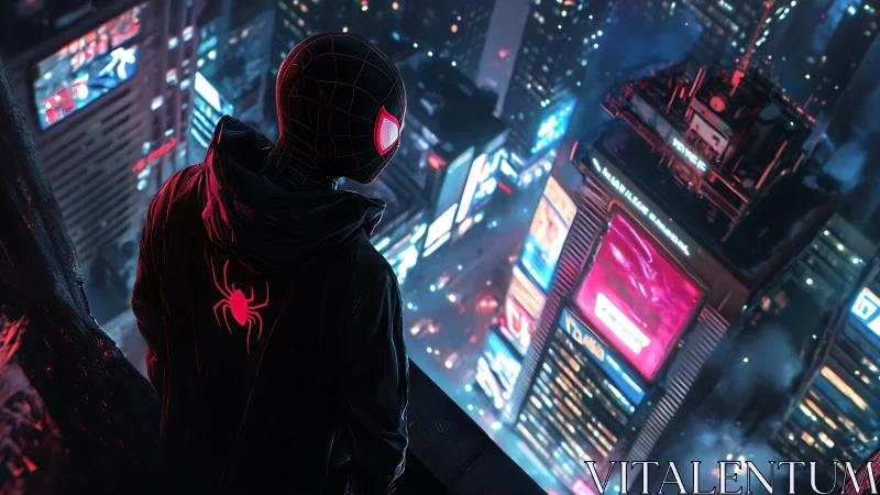 Spider-suited vigilante overlooks neon-soaked city skyline.