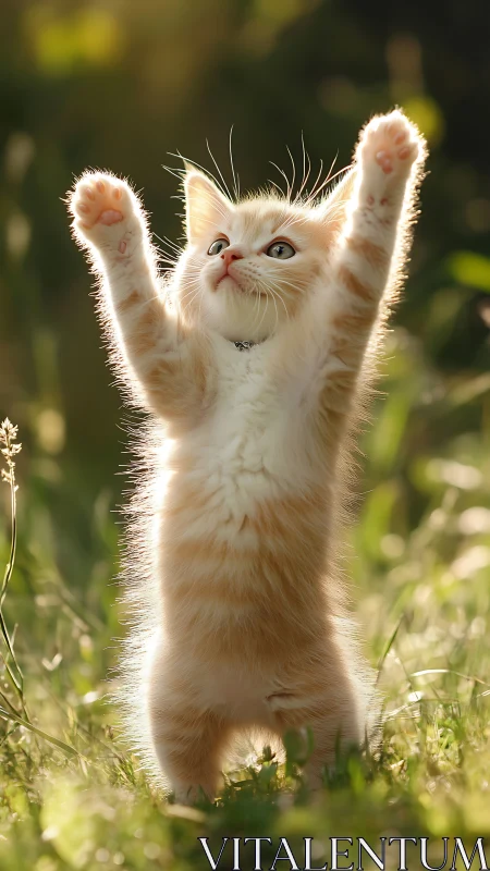 Cream Kitten Celebrates with Victory Paws Raised.