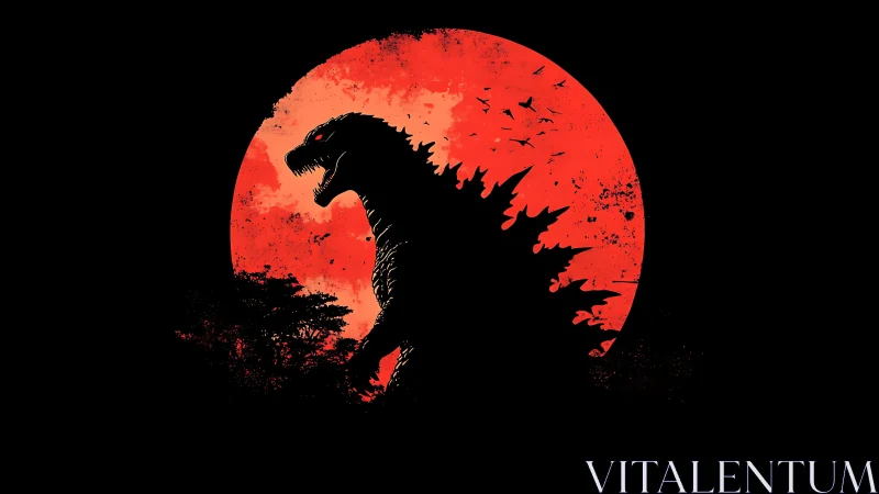 Silhouetted kaiju profile intersects grunge red lunar disc