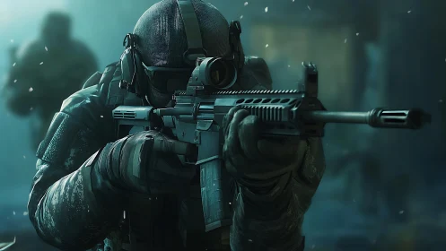 Tactical special forces sniper advancing through icy haze.