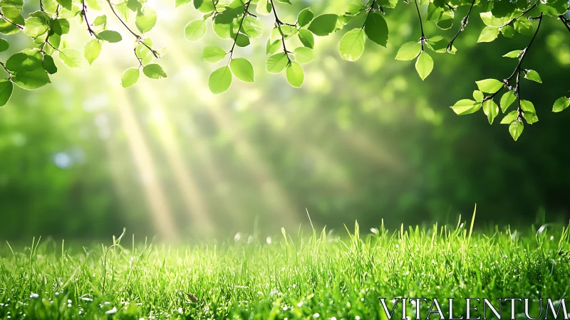 Sunlight Streaming Through Green Leaves Over Lush Grass, Nature Scene.