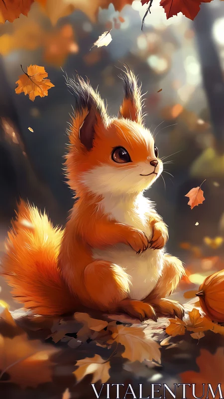 Cute orange squirrel in soft autumn forest light scene.
