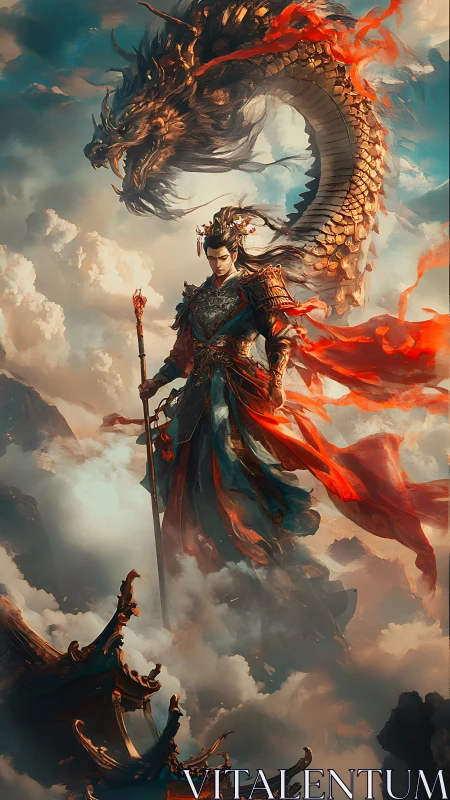 Dragon-crowned warrior ascends through storm-lit celestial clouds