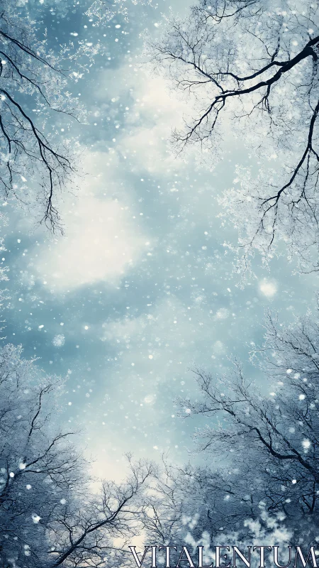 Snowfall drifts through bare winter trees toward pale sky.
