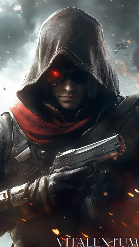 Hooded cyber gunfighter aims pistol amid burning chaos.