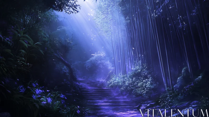 Ethereal Cavern Path Bathed in Luminescent Blue Light.