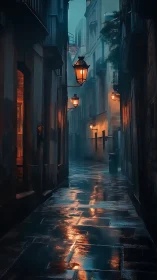 Narrow wet alley shows streetlamps reflecting on pavement