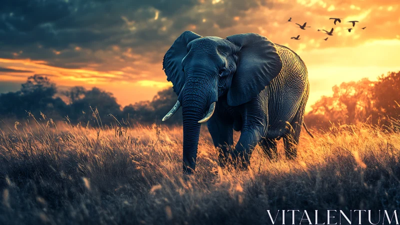 Sunlit savanna monarch strides through burning gold grasslands.