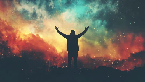 Silhouette Stargazer Conducting a Wild Cosmic Aurora.