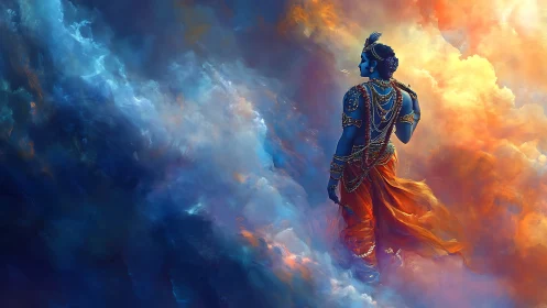 Celestial blue figure wandering through swirling twilight clouds.