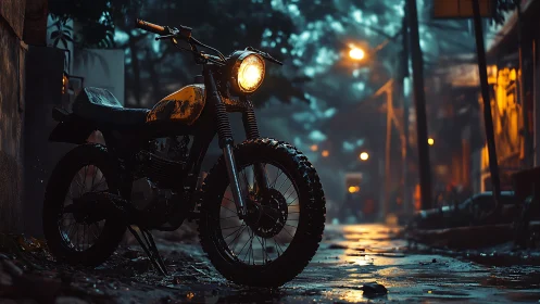 Night street motorcycle with cinematic wet asphalt reflections.