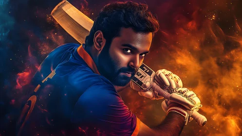 Dynamic cricket batsman portrait with dramatic bokeh flames and split-color lighting
