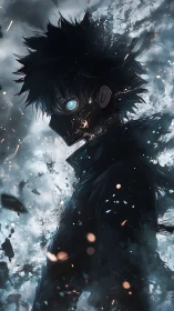 Masked stormborn hero walking through embers and mist.