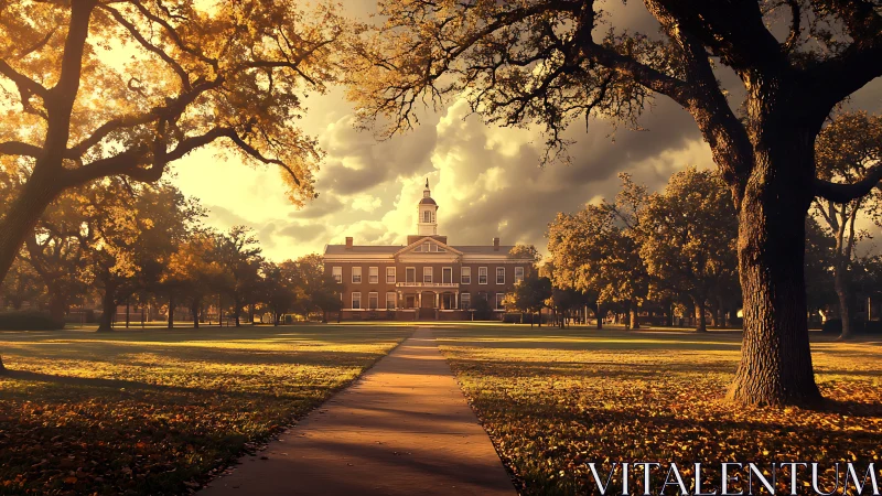 Golden-hour campus quietly holds its breath before evening