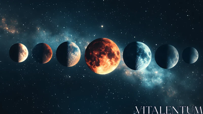 Lunar phases aligned across a star filled deep space sky.
