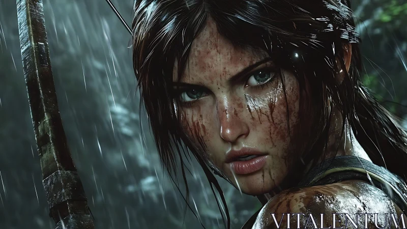 Mud streaked woman with bow stares forward in heavy rain