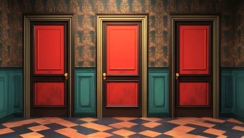 Three red doors align in teal paneled surreal corridor.
