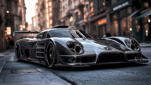 Chrome sports car sits low on city street at sunset