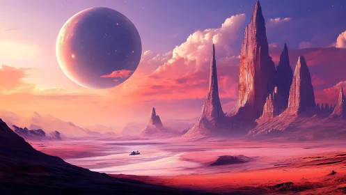 Solitary rover crosses alien desert under colossal moon