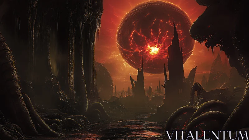 Volcanic alien landscape frames collapsing star with organic spires