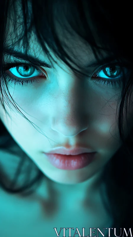 Icy blue gaze in dramatic teal portrait close-up.