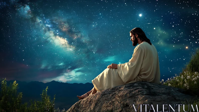 Solitary robed figure contemplates stars over silent valley.