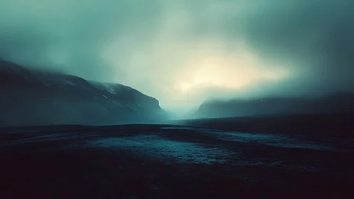 Misty valley sunrise gently brightening a quiet tundra.