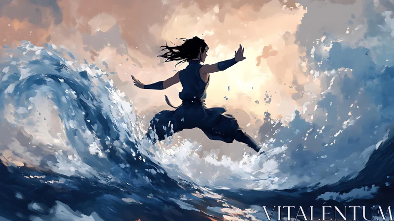 Dynamic digital painting of martial artist surfing ocean waves.