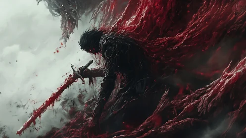 Blood-forged warrior sinking into a storm of cursed flesh.