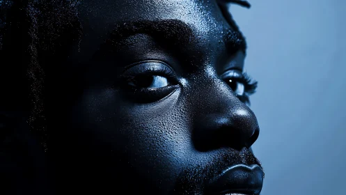Moody blue portrait emphasizes texture, gaze, and light.