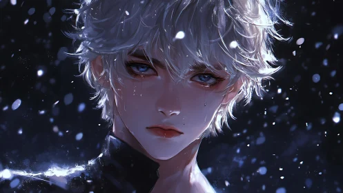 Silver-haired night mourner studies the falling snow