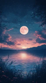 Full moon over still lake with distant mountains at dusk.