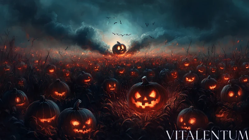 Smiling jack o lanterns glow across a moody night field.