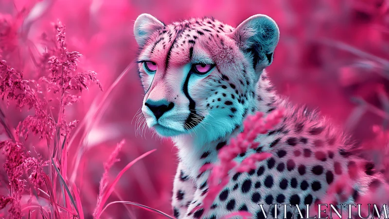 Cheetah in Pink Infrared Landscape with Cyan Accents